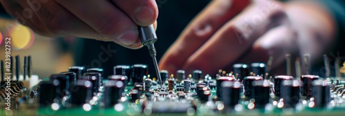 A close-up of a person working meticulously on a piece of art  soldering components on a circuit board with precision and focus