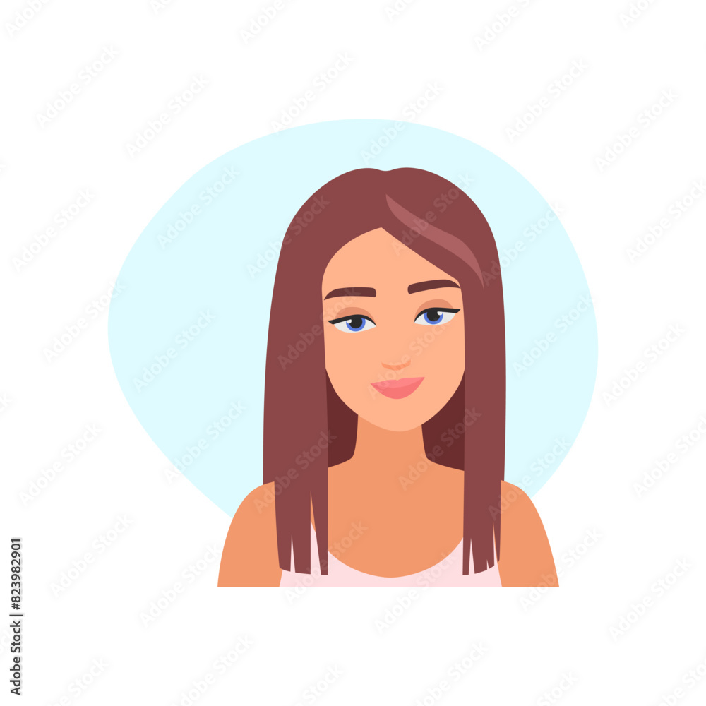 Portrait of cute girl with long straight haircut, trendy hairstyle of woman vector illustration Portrait of cute girl with long straight haircut, trendy hairstyle of woman vector illustration