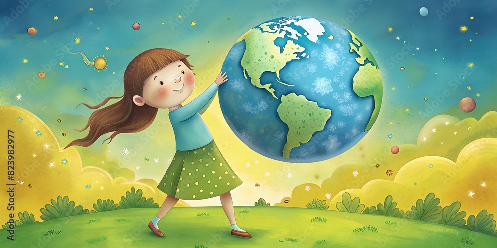 Naklejka premium little girl with globe Earth day, children hold the earth, children are the future earth wallpaper, background, nature, life on earth,