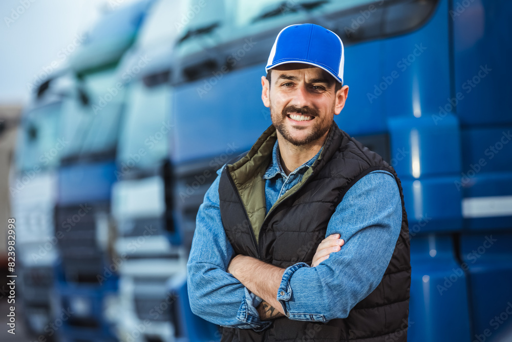 Happy confident male driver standing in front on his truck Happy confident male driver standing in front on his truck