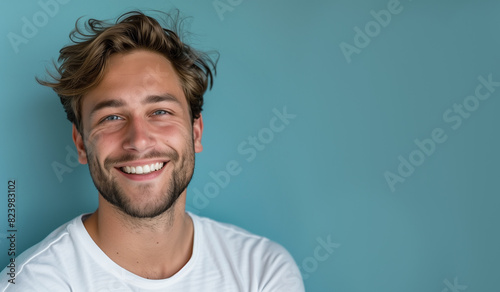Attraktiver Mann vor blauem Hintergund, Generative AI photo