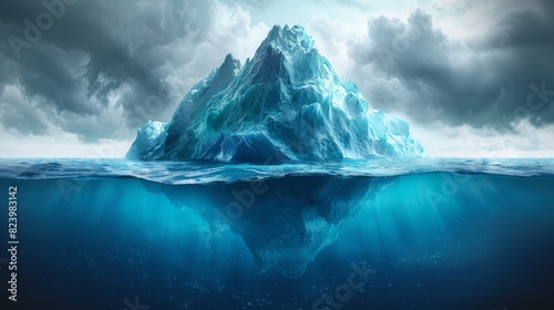 An iceberg on the breakwater is viewed below the surface of the ocean, revealing the submerged part of the iceberg photo