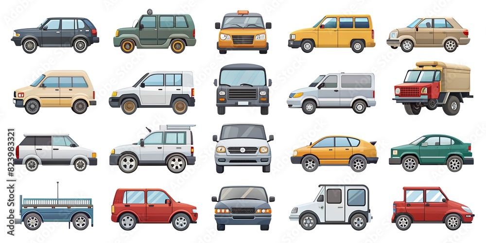 set of cars Set of icons from cars, trucks, various cars, vector icons, illustrations set of cars Set of icons from cars, trucks, various cars, vector icons, illustrations