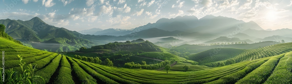 Lush green fields, and tall emerald white mountains in the distance, the sun shone on them and their shadows appeared on the ground Lush green fields, and tall emerald white mountains in the distance, the sun shone on them and their shadows appeared on the ground