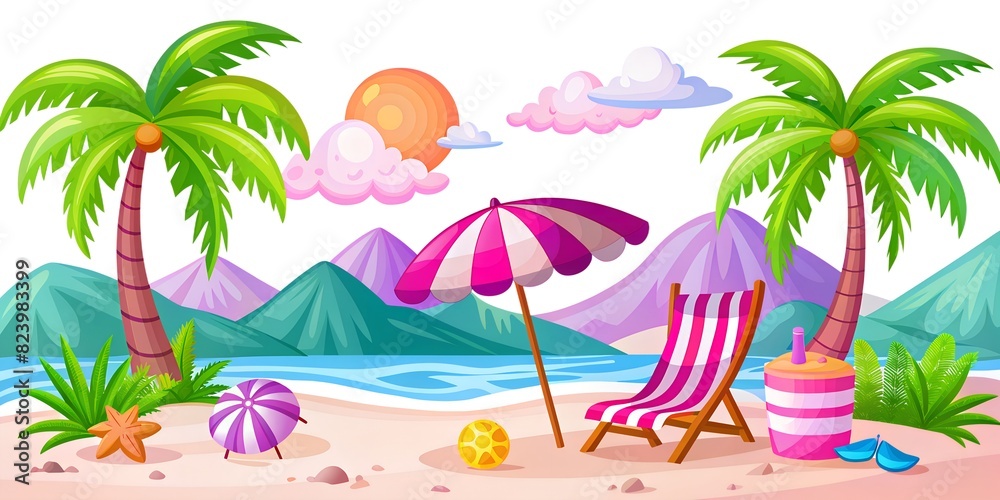 beach background Green background, vector image illustration art with summer umbrella and chair on the beach summer background, wallpaper
