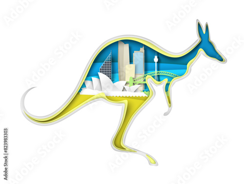 Craft papercut kangaroo with Sydney cityscape famous architectures travel poster or adventure postcard. Tourism and architecture attraction visit concept