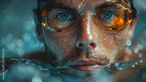 Portrait of a swimmer in swimming goggles, in motion.