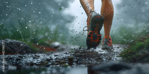 Jogger braving the rain with drenched shoes, running on wet pavement. Active lifestyle, fitness, and determination