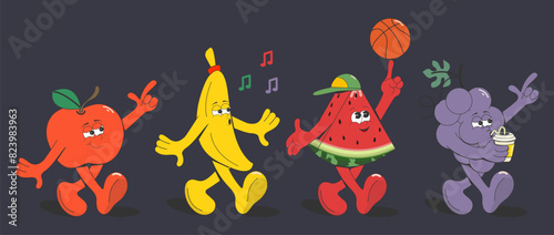 A set of cartoon groovy fruits:banana, watermelon, apple, grapes.Elements for the design of a T-shirt print, poster, sticker, card.Retro style.Vector illustration.