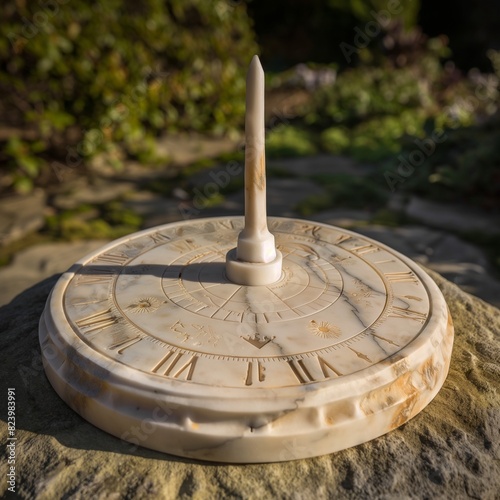A marble sundial, its gnomon casting a precise shadow on the intricately marked surface, situated in an old-world garden, captured under the clear midday sun.