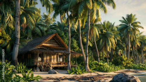 Modern authentic bungalow with wood among palm trees on the ocean. Wooden villa on the seashore among the tropics.