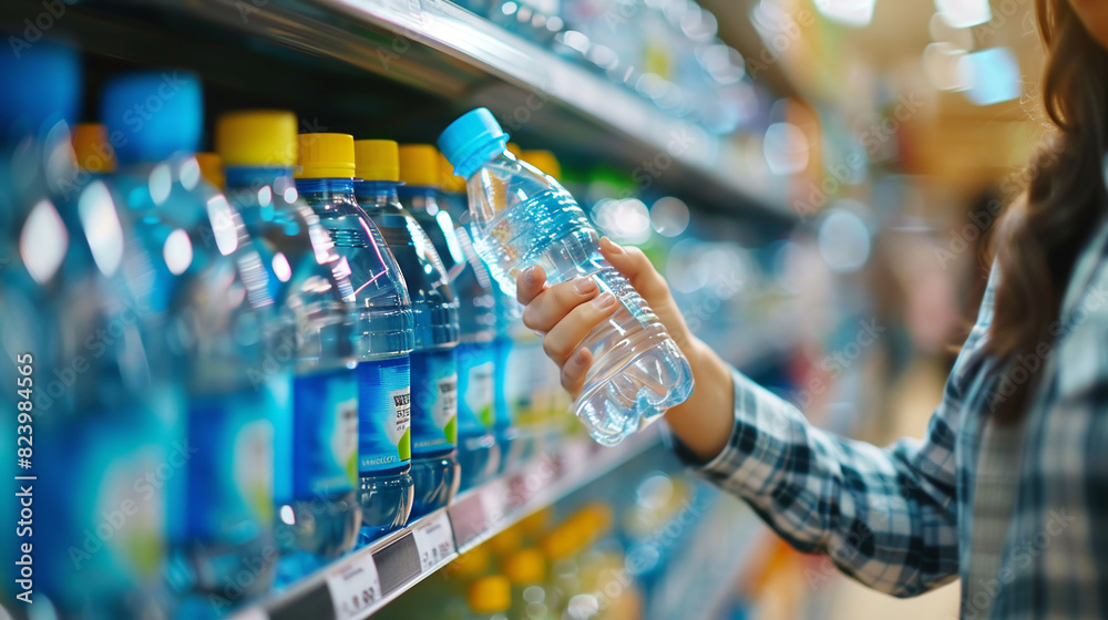 Woman buying bottled water in convenience store. Woman buying bottled water in convenience store.