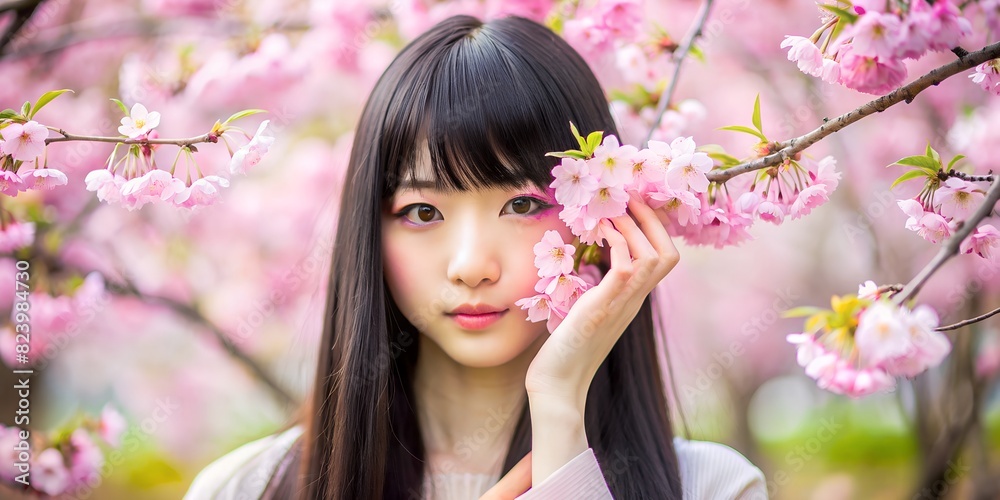 portrait of a woman with flowers in her hair Portrait of a Japanese woman with brown hair, a sprig of sakura blooming near her face, around sakura and pink blurred background, beautiful Japanese woman portrait of a woman with flowers in her hair Portrait of a Japanese woman with brown hair, a sprig of sakura blooming near her face, around sakura and pink blurred background, beautiful Japanese woman