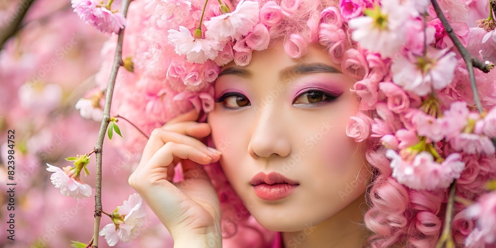 Macro  portrait of beautiful Japanese model with pink curls, cute face, generated, pink hair and makeup with sakura