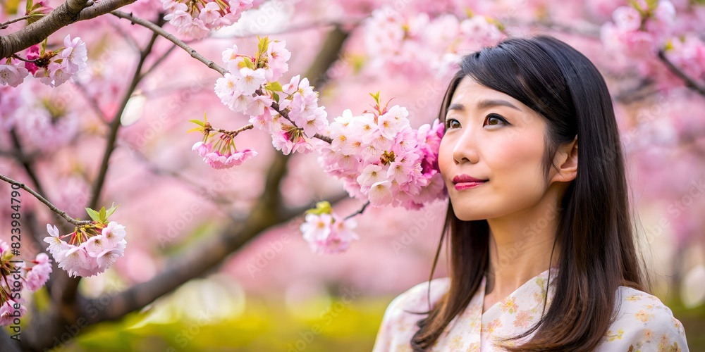 Portrait of a Japanese woman with brown hair, a sprig of sakura blooming near her face, around sakura and pink blurred background, beautiful Japanese woman