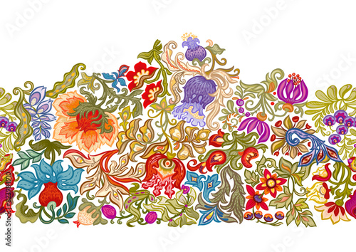 Fantasy, alien flowers, decorative flowers and leaves. Cartoon style. Millefleurs trendy floral design. Seamless pattern, background. Vector illustration.