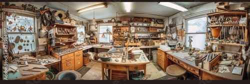 Room filled with various tools and equipment in a female goldsmiths workshop  showcasing works in progress