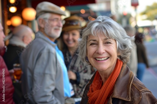 Portrait of smiling senior woman with friends in background at street cafe