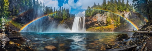 A painting depicting a waterfall cascading down rocks with a vibrant rainbow arcing over it in a misty forest setting