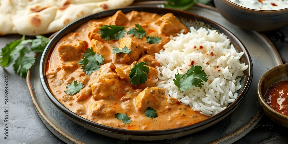 A Flavorful Meal: Spicy Chicken Tikka Masala with Rice and Naan Bread. Concept Indian Cuisine, Spicy Chicken, Tikka Masala, Rice, Naan Bread
