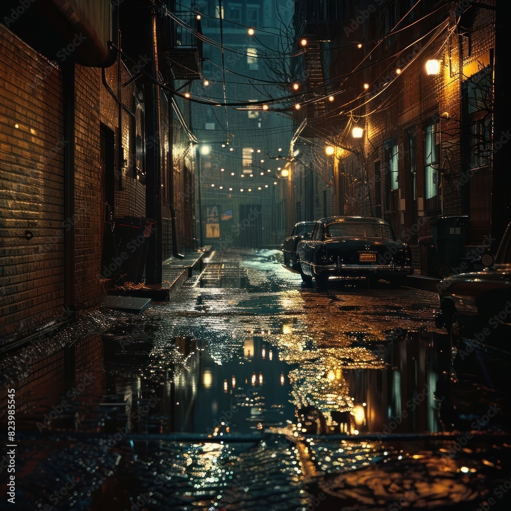 RainSoaked Alley Exuding Cinematic Noir A Mesmerizing Night Scene