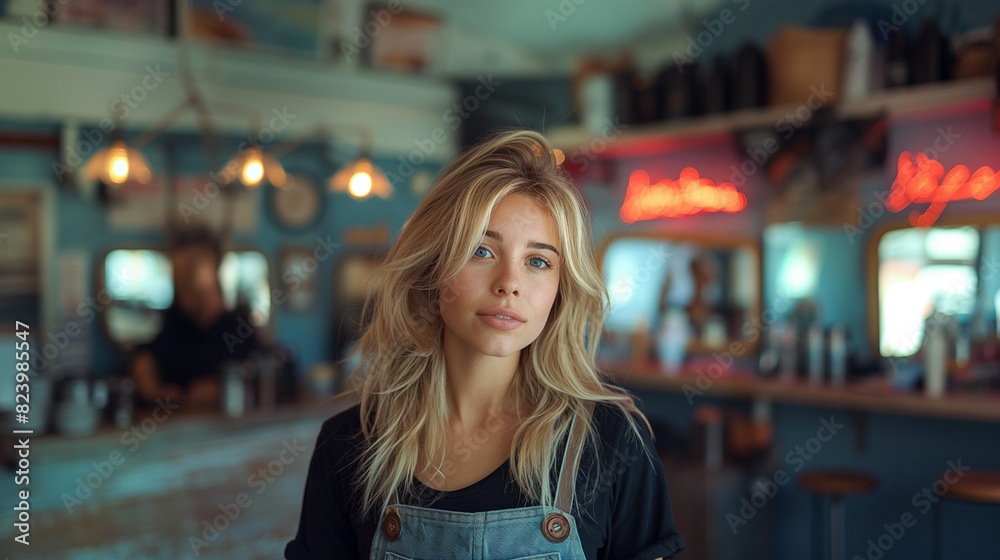 Photo of a blonde woman having her hair styled in the style of the professional at a salon, hairdressing style raw, cinematic lighting, sony alpha camera, bokeh effect, high resolution
