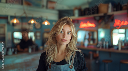 Photo of a blonde woman having her hair styled in the style of the professional at a salon, hairdressing style raw, cinematic lighting, sony alpha camera, bokeh effect, high resolution