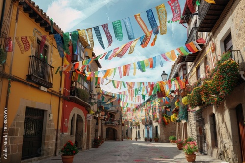 Experience the lively atmosphere of a plaza adorned with festive decorations and colorful streamers during the vibrant Fiesta in Spain.