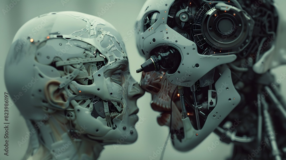 a cyberpunk mechanic repairing a biomechanical human. a cyberpunk mechanic repairing a biomechanical human.