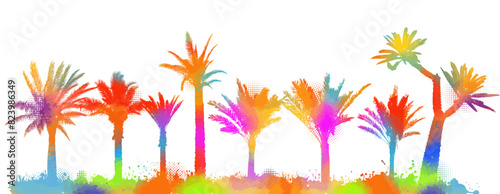 Silhouette of a Colored palm trees on a white background. hand drawing. Not AI. Vector illustration