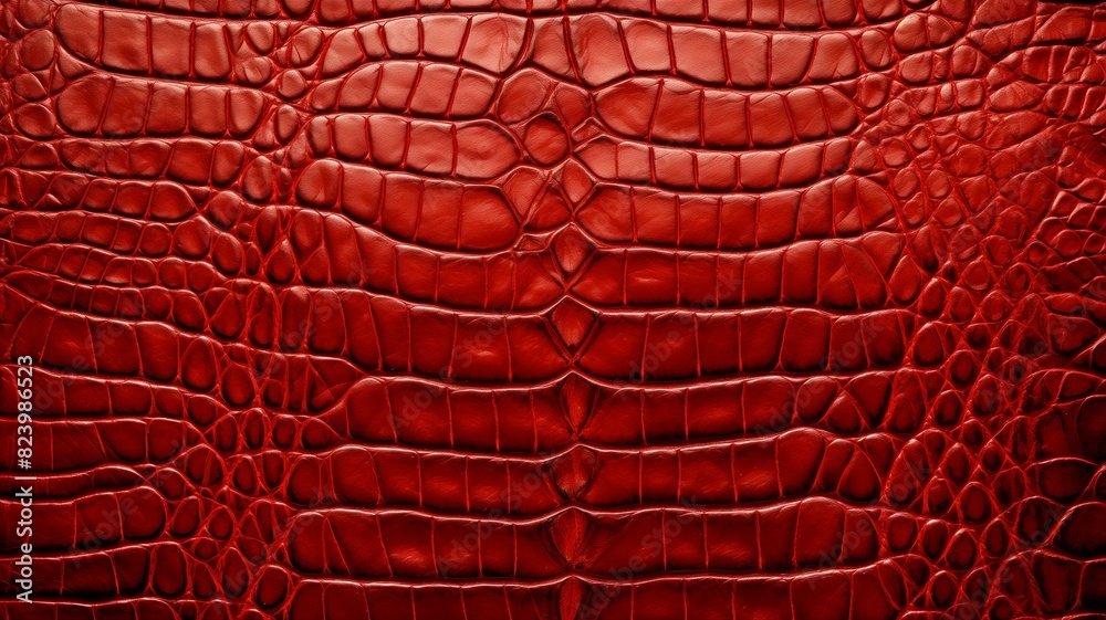 realistic image showcasing a vibrant piece of red crocodile leather, with the light highlighting its unique pattern and texture realistic image showcasing a vibrant piece of red crocodile leather, with the light highlighting its unique pattern and texture