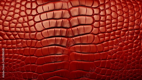 realistic image showcasing a vibrant piece of red crocodile leather, with the light highlighting its unique pattern and texture photo