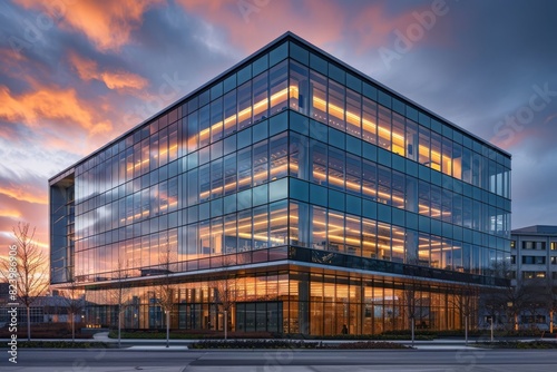 Modern glass office building at sunset, exterior view with reflective windows and illuminated interior lighting creating a vibrant urban scene.