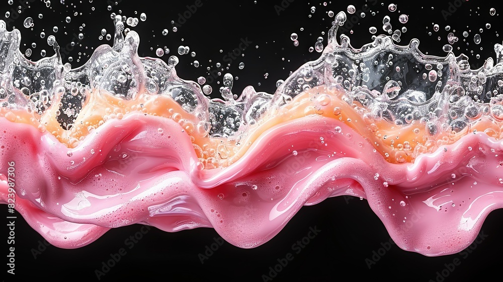 Close-up of a pink-orange wave liquid against black backdrop; water splash on top Close-up of a pink-orange wave liquid against black backdrop; water splash on top
