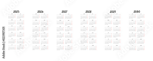 Vector calendar for 2025, 2026, 2027, 2028, 2029, 2030. Ideal for planning, office and home decoration.
