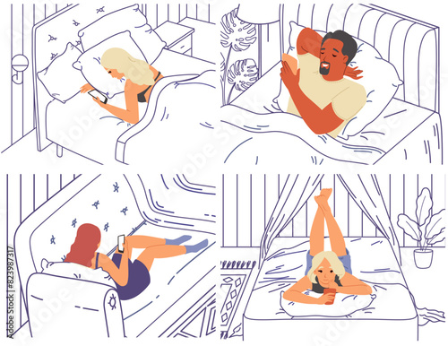 Sleepless young people characters using mobile in bed vector illustration scene set. Digital gadget and internet technology addiction, insomnia problem concept