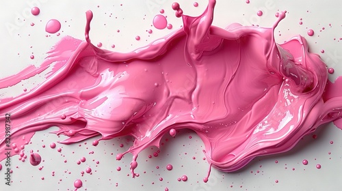   A white table is topped with pink paint  accompanied by numerous pink paint drops on the white countertop