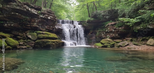 Serene waterfall in a lush forest surrounded by moss-covered rocks and a clear turquoise pool  ideal for nature and landscape photography.