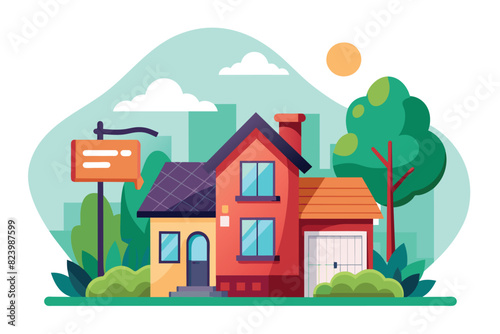 Modern suburban house with a for sale sign and green trees. Flat design real estate vector illustration of a family home.