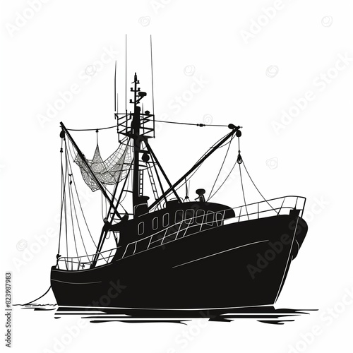 A large fishing boat is shown in black and white