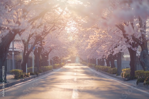Immerse yourself in the beauty of Sakura Matsuri as you stroll along a picturesque street adorned with cherry blossom trees in full bloom. photo