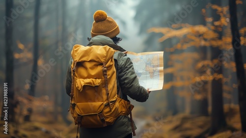 Backpacker navigating a map, with a sense of adventure photo