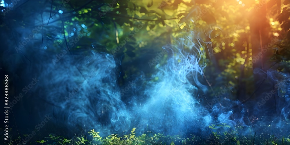Enchanting Forest Glows with Vibrant Yellow-Green Smoke, Capturing Nature's Beauty. Concept Nature Photography, Smoke Effects, Enchanting Forest, Vibrant Colors, Outdoor Photoshoot