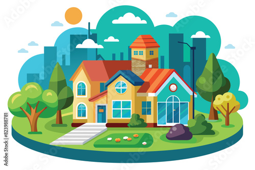 Vibrant suburban neighborhood with modern houses and green landscape illustration