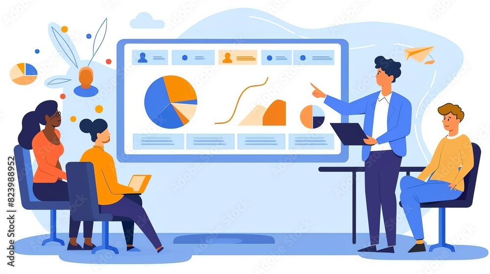 Business leader pointing to a presentation on a screen while team members listen Business leader pointing to a presentation on a screen while team members listen