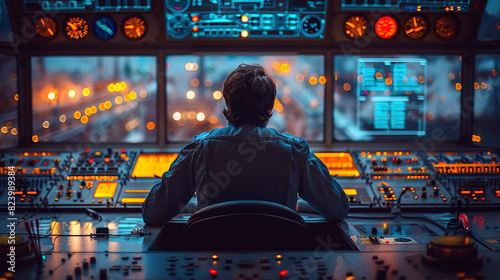 An engineer sits at a large control panel of a hydroelectric power plant, with glowing lights on the control panel. A specialist operates a large plant at the control panel. photo
