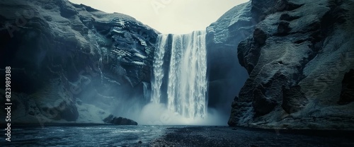 cinematic shot of waterfall in Iceland  extreme long shot