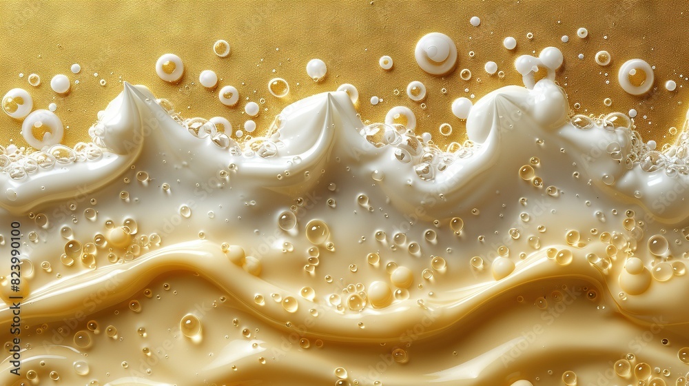Close-up of a liquid painting on a gold and white background with numerous bubbles at the base of the image Close-up of a liquid painting on a gold and white background with numerous bubbles at the base of the image