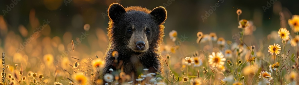 Adorable bear cub in a field of sunflowers with a beautiful bokeh background. Perfect wildlife and nature scenery for stock photos. Adorable bear cub in a field of sunflowers with a beautiful bokeh background. Perfect wildlife and nature scenery for stock photos.