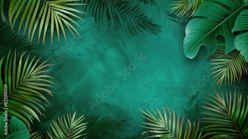Dark green background with palm leaves. Minimalism  blank space.